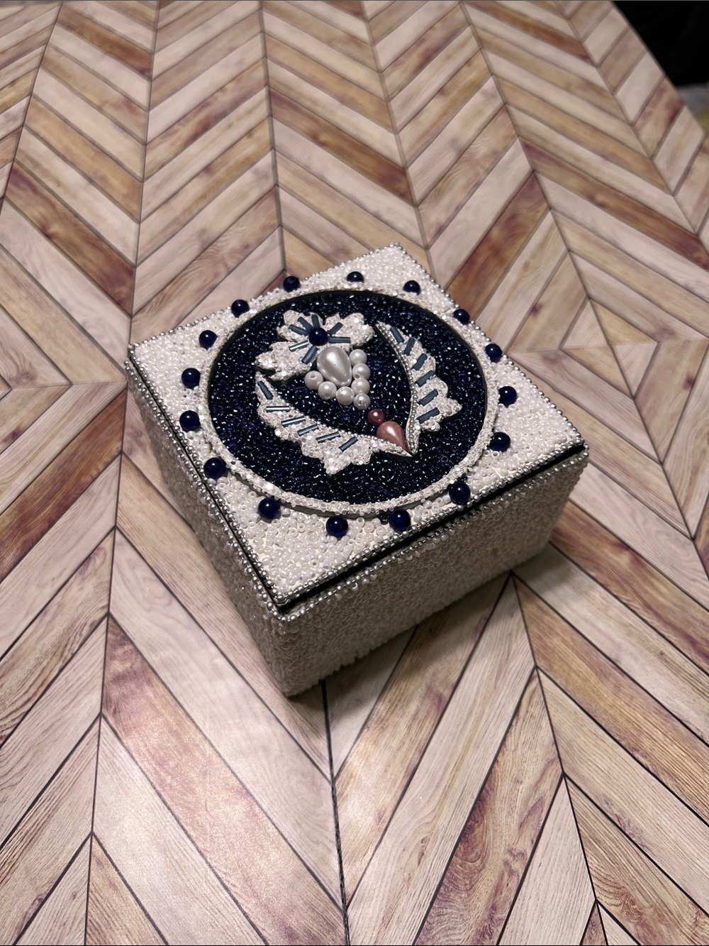Beaded Decorative Jewelry Box - White and Navy